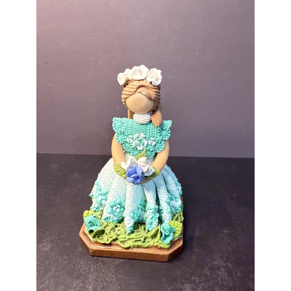 Faceless Hand Made Clay Doll -Dominican Republic -Flowers Figurine